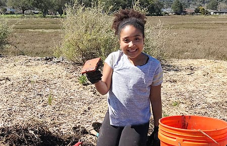 Young girl planting native flowers at Creekside